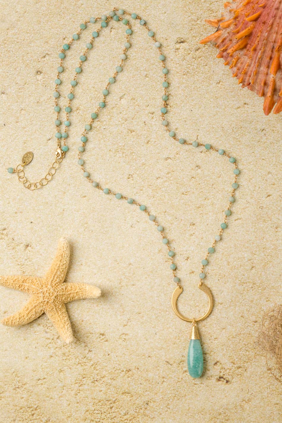 Mango Tango 28-30"  Matte Gold Plated Brass U Shape Focal With Amazonite Teardrop Briolette Statement Necklace