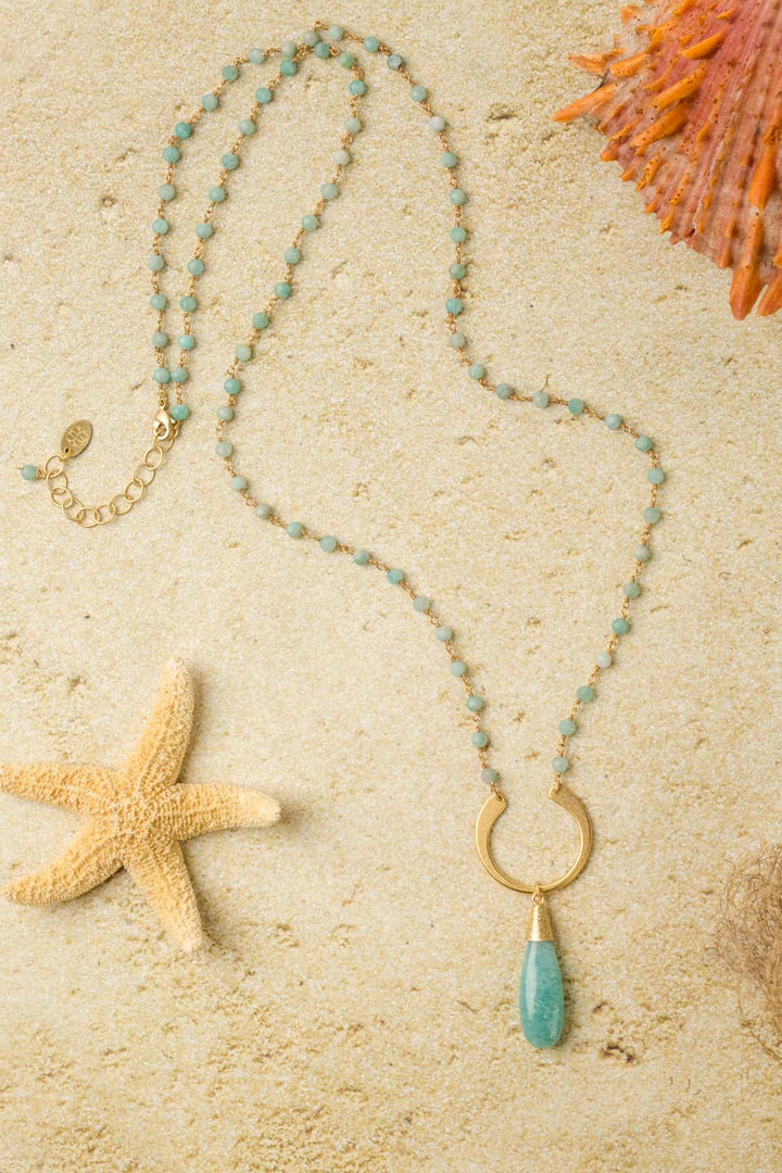 Mango Tango 28-30"  Matte Gold Plated Brass U Shape Focal With Amazonite Teardrop Briolette Statement Necklace