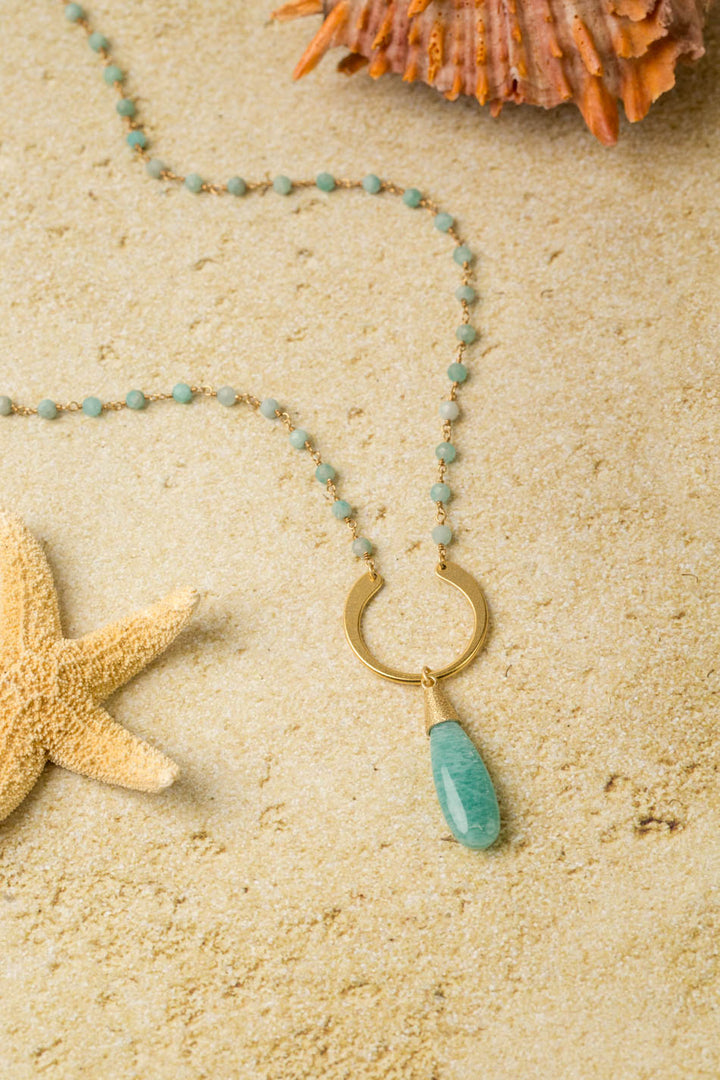 Mango Tango 28-30"  Matte Gold Plated Brass U Shape Focal With Amazonite Teardrop Briolette Statement Necklace