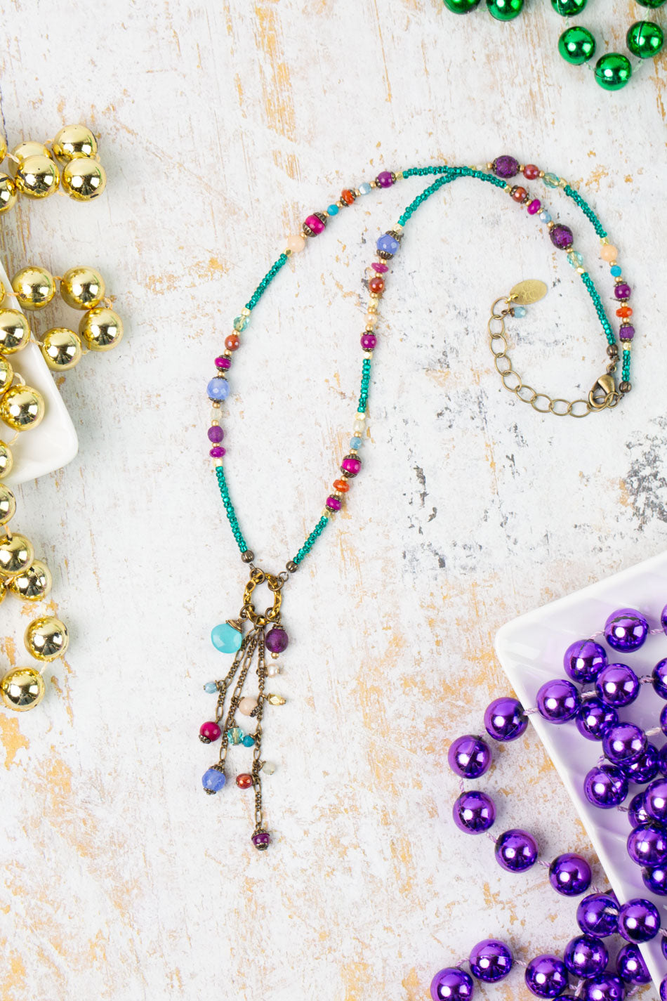 Mardi Gras 17.5-19.5" Czech Glass, Chalcedony Tassel Necklace