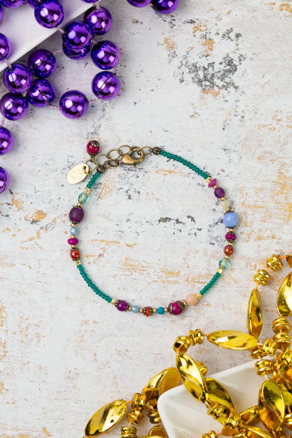 Mardi Gras 7.5-8.5" Czech Glass Simple Bracelet