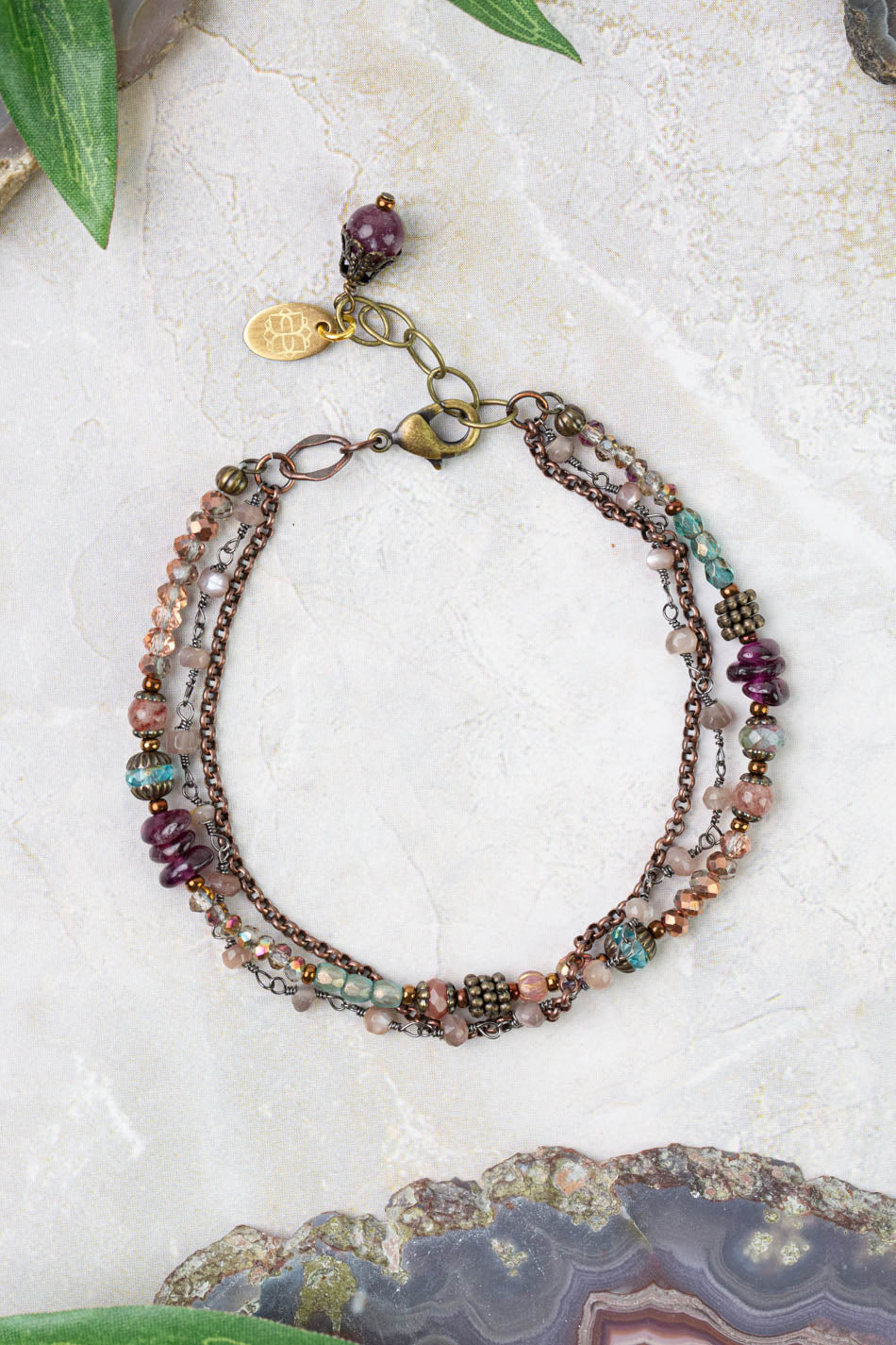 Mauve Mix 7.5-8.5" Czech Glass Crystal Lepidolite Quartz Multistrand Bracelet