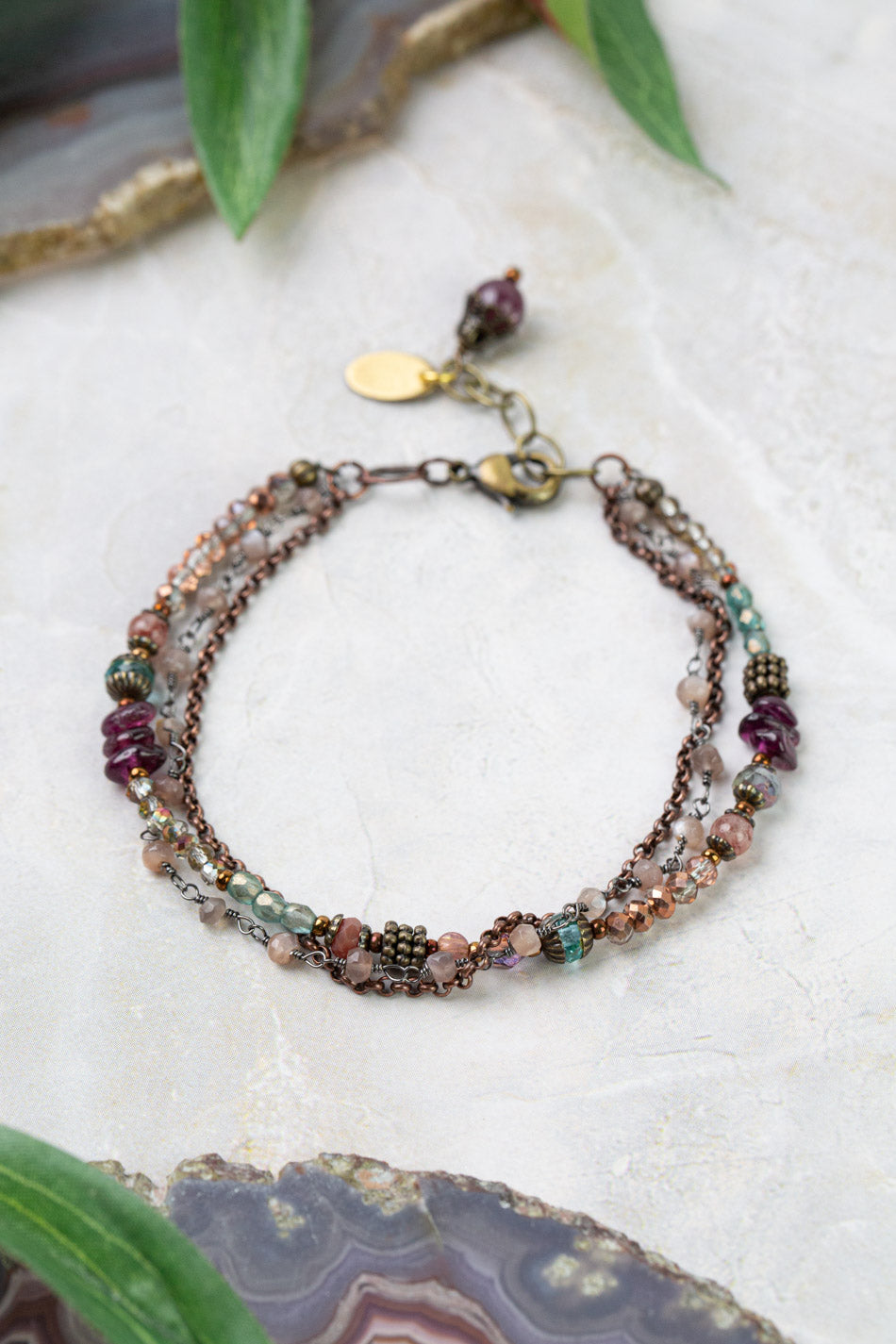 Mauve Mix 7.5-8.5" Czech Glass Crystal Lepidolite Quartz Multistrand Bracelet