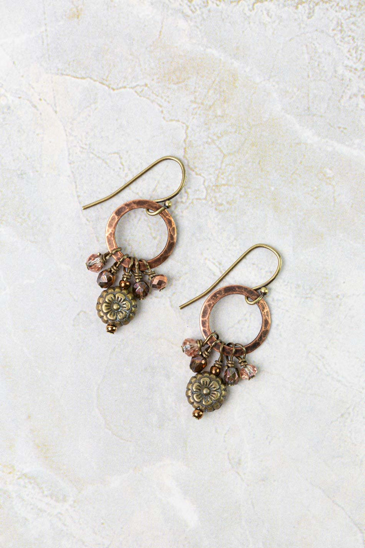 Mauve Czech Glass, Antique Copper Circles, Antique Brass Flower Simple Earrings