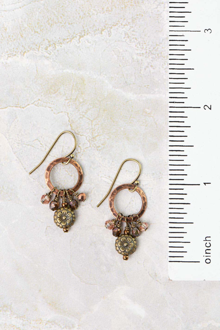 Mauve Czech Glass, Antique Copper Circles, Antique Brass Flower Simple Earrings