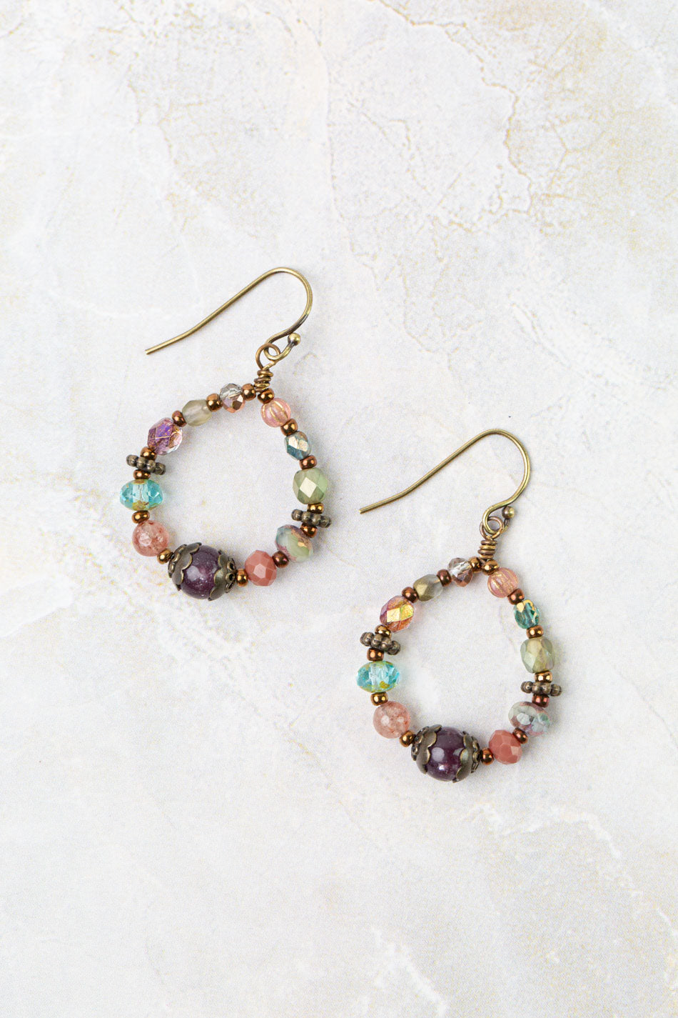 Mauve Czech Glass Hoop Earrings