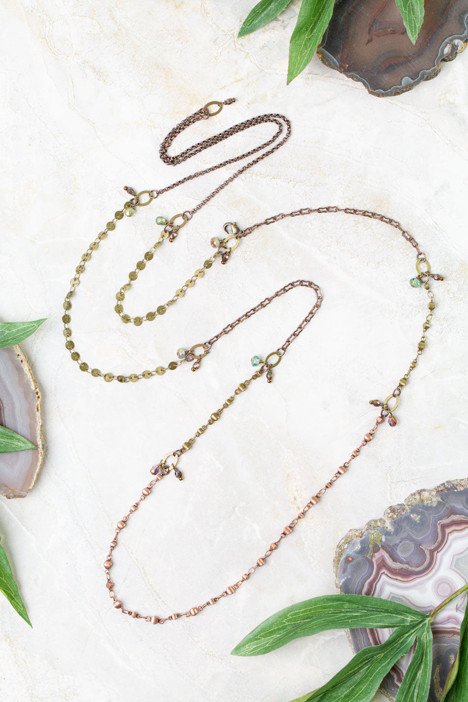 Mauve 22 Or 44" Czech Glass, Copper Chain Collage Necklace