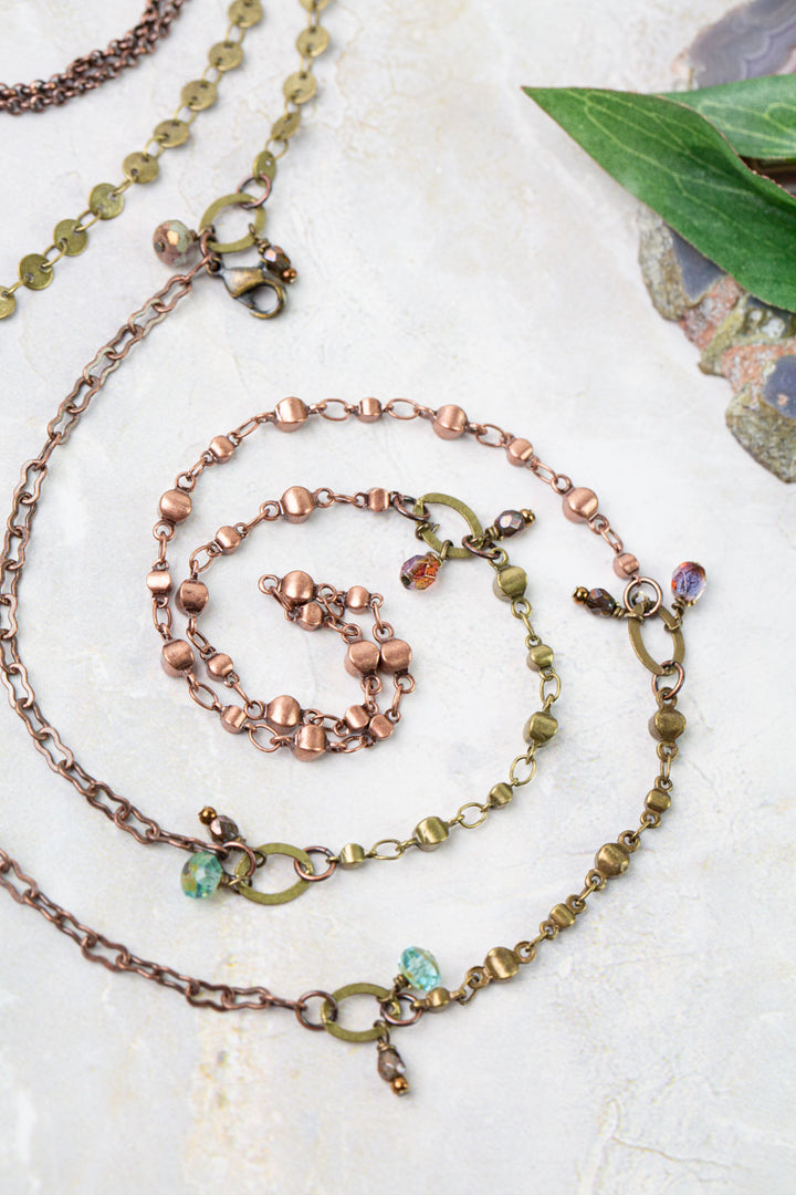 Mauve 22 Or 44" Czech Glass, Copper Chain Collage Necklace