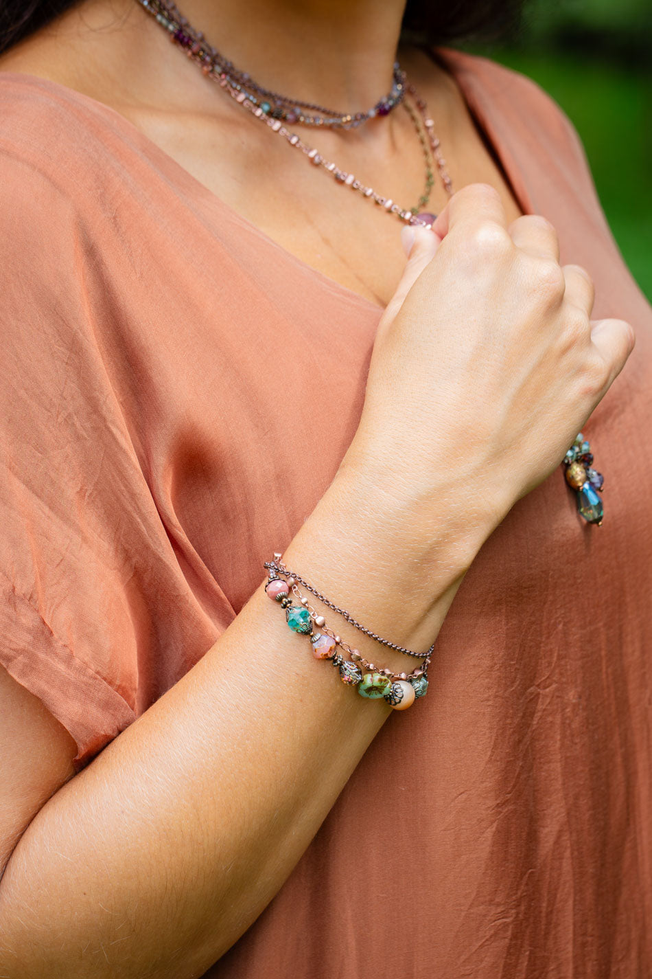 Mauve Mix 7.5-8.5" Czech Glass, Druzy, Lepidolite Quartz, Multistrand Bracelet