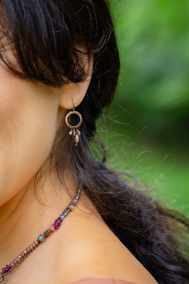 Mauve Czech Glass, Antique Copper Circles, Antique Brass Flower Simple Earrings