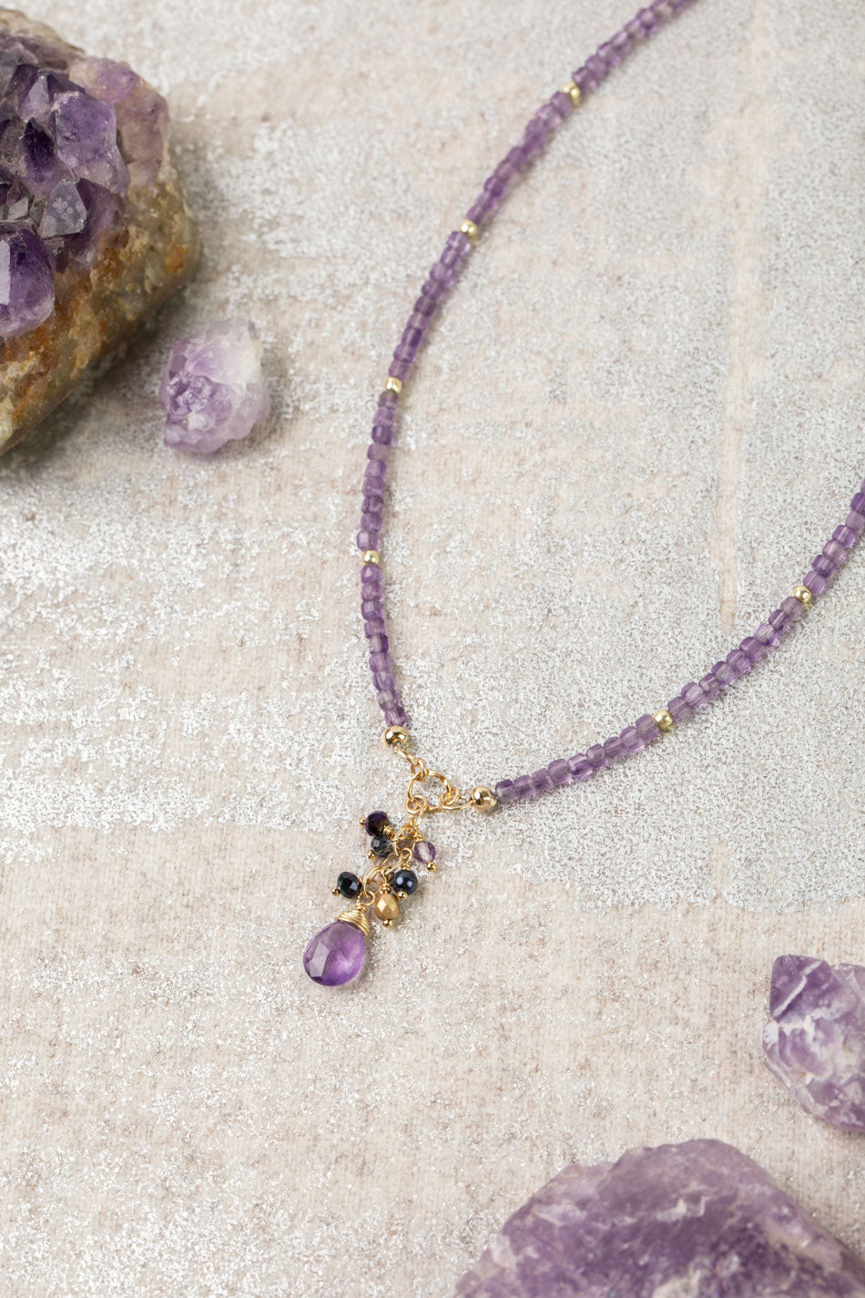 Midnight 15.5-17.5" Amethyst, Freshwater Pearl, Crystal Cluster Necklace