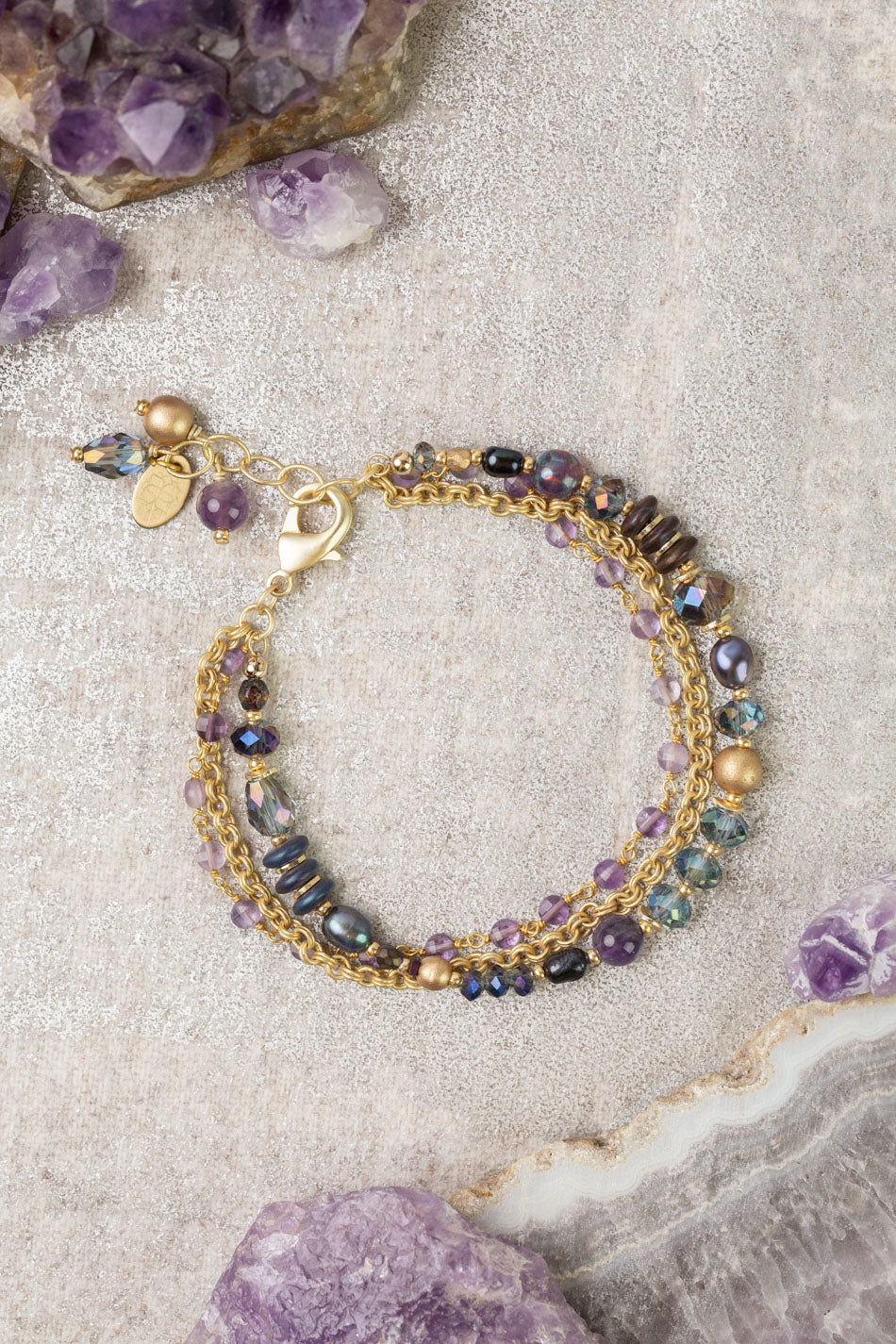 Midnight 7.5-8.5" Amethyst, Crystal, Freshwater Pearl Multistrand Bracelet