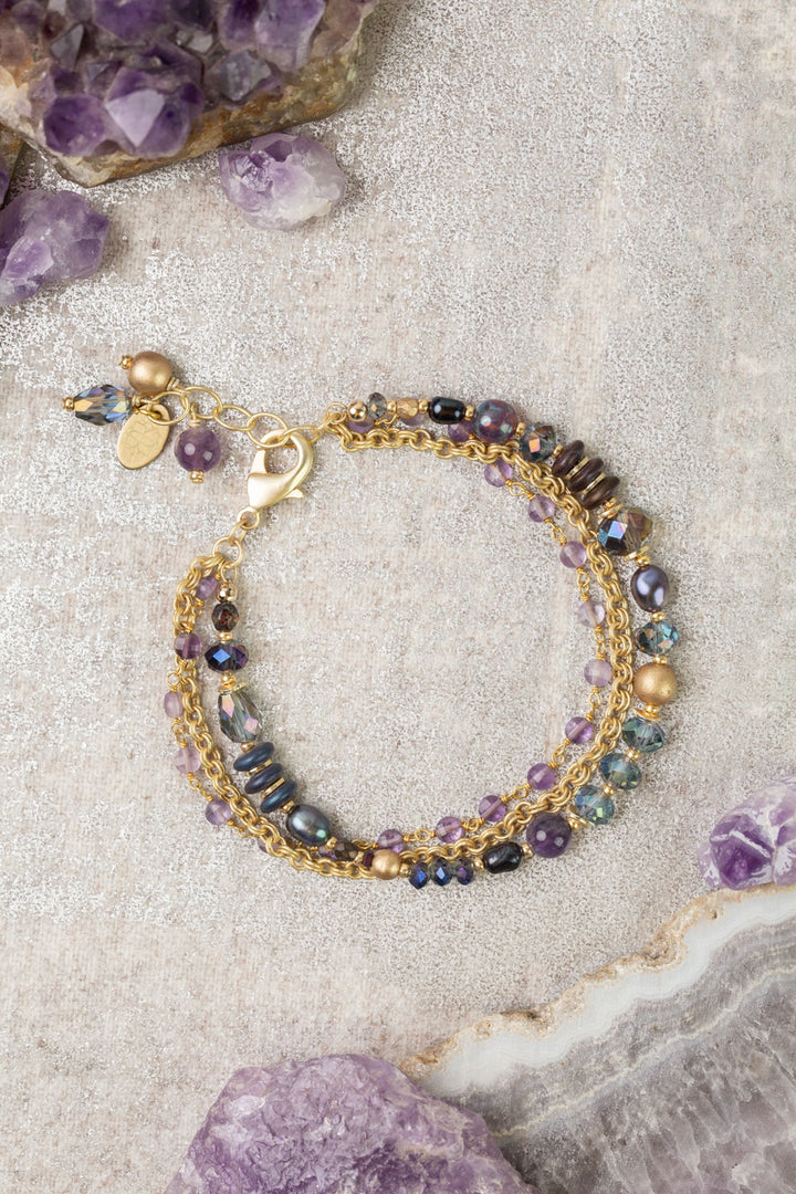 Midnight 7.5-8.5" Amethyst, Crystal, Freshwater Pearl Multistrand Bracelet