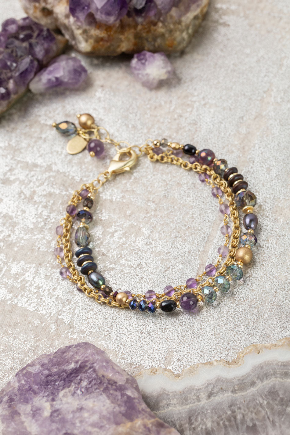 Midnight 7.5-8.5" Amethyst, Crystal, Freshwater Pearl Multistrand Bracelet