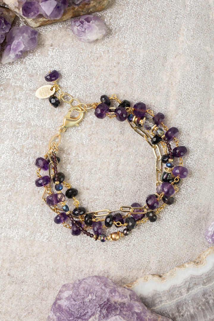 Midnight 7.5-8.5" Amethyst, Crystal, Iolite, Freshwater Pearl Multistrand Bracelet