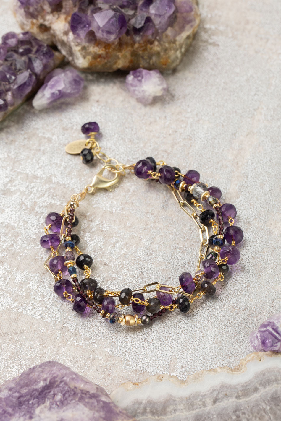 Midnight 7.5-8.5" Amethyst, Crystal, Iolite, Freshwater Pearl Multistrand Bracelet