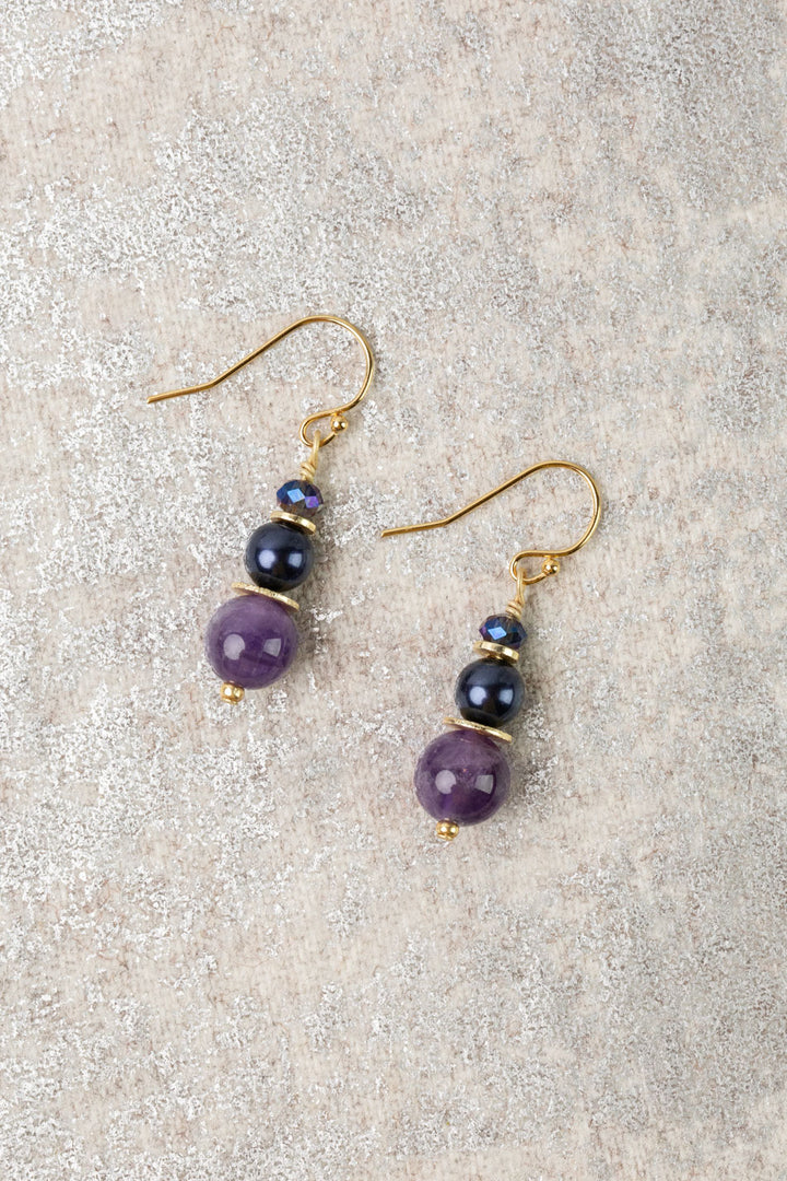 Midnight Amethyst, Freshwater Pearl, Crystal Simple Earrings