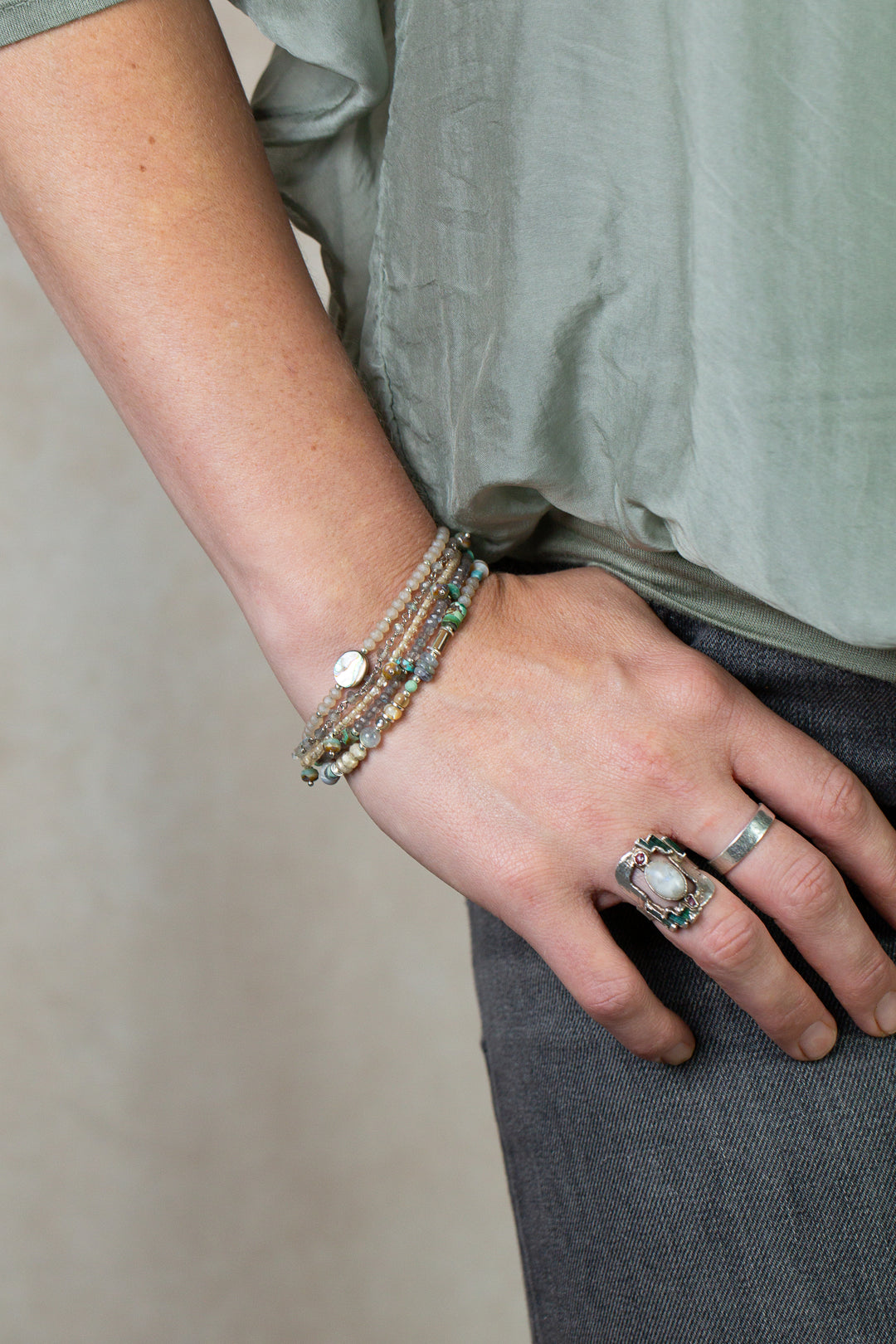 Mystic 7.5-8.5" Labradorite And Abalone Multistrand Bracelet