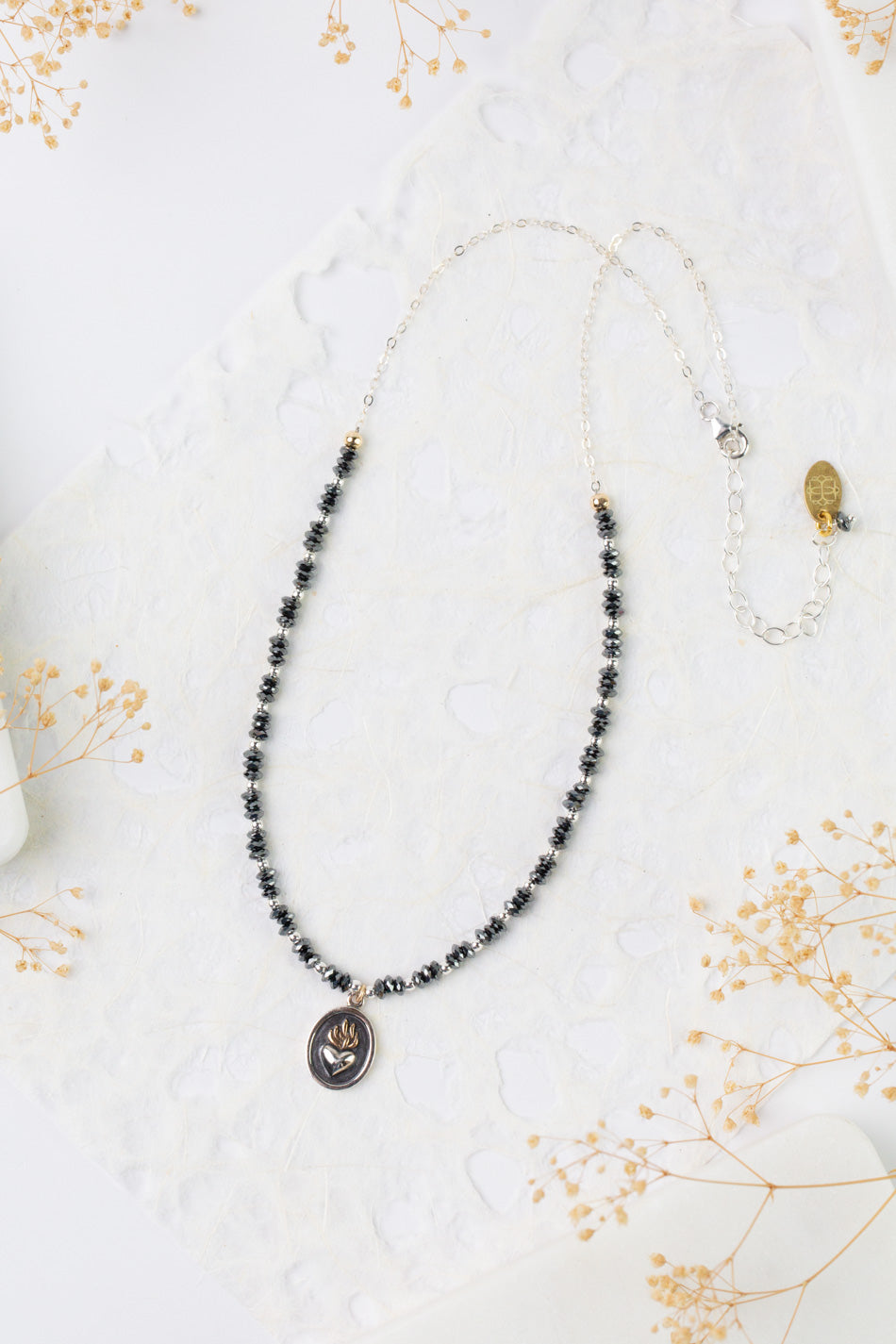 Nightfall 15-17" Black Hematite Rondelle With Flaming Heart Pendant Simple Necklace