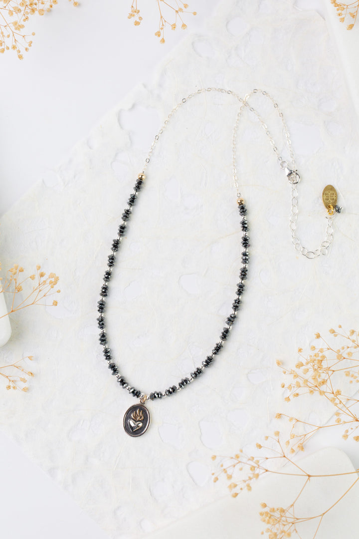 Nightfall 15-17" Black Hematite Rondelle With Flaming Heart Pendant Simple Necklace