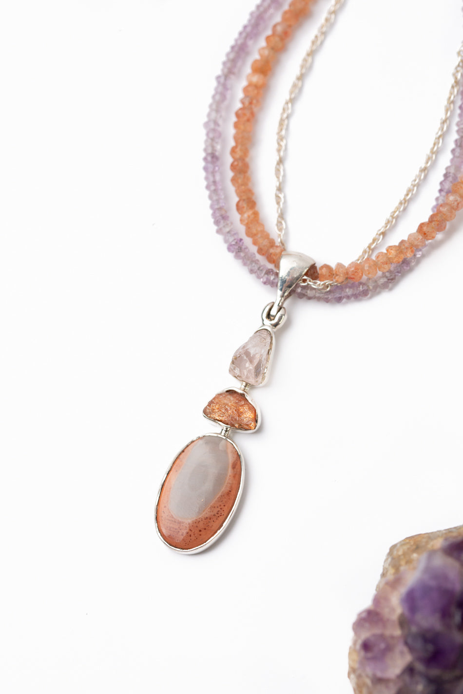 One Of A Kind 15.75-17.75" Imperial Jasper, Amethyst And Sunstone Multistrand Necklace