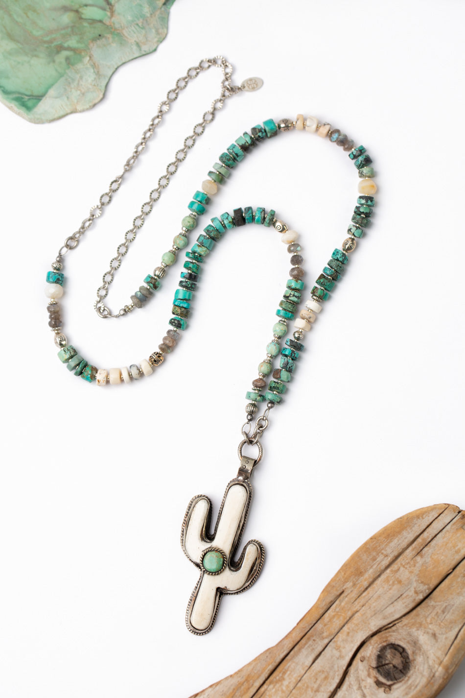 One Of A Kind 34" Natural Turquoise, Dendritic Opal With Tibetan Cactus Pendant Statement Necklace