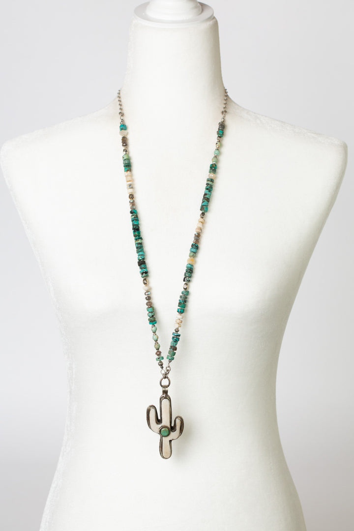 One Of A Kind 34" Natural Turquoise, Dendritic Opal With Tibetan Cactus Pendant Statement Necklace