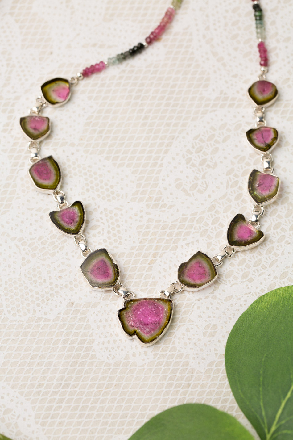 One Of A Kind 18-20" Watermelon Tourmaline Slice Pendants Chain Statement Necklace