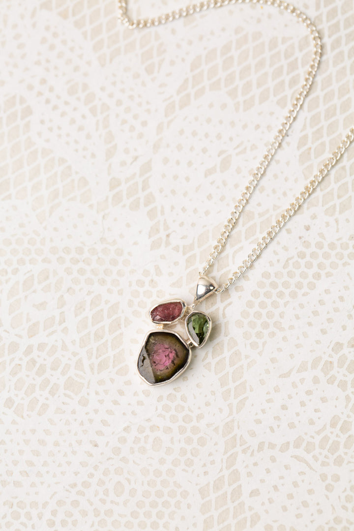 One Of A Kind 16-18" Watermelon Tourmaline Slice, Pink Tourmaline And Faceted Green Tourmaline Pendant Simple Necklace