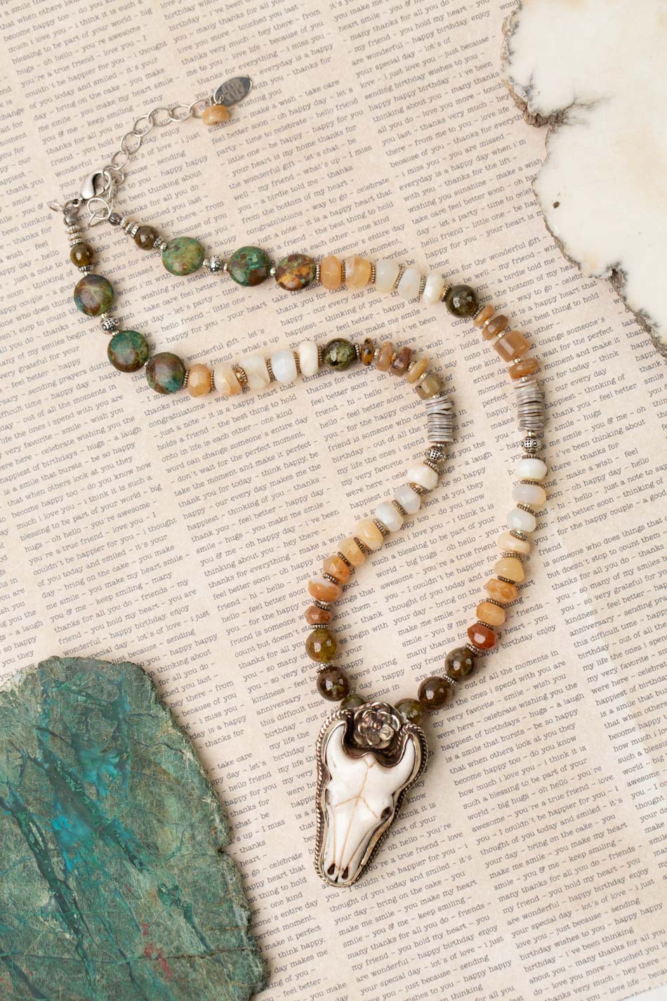 One Of A Kind 17-19" Faceted Chalcedony, Natural Turquoise, Green Agate With Tibetan Longhorn With Flower Pendant Necklace