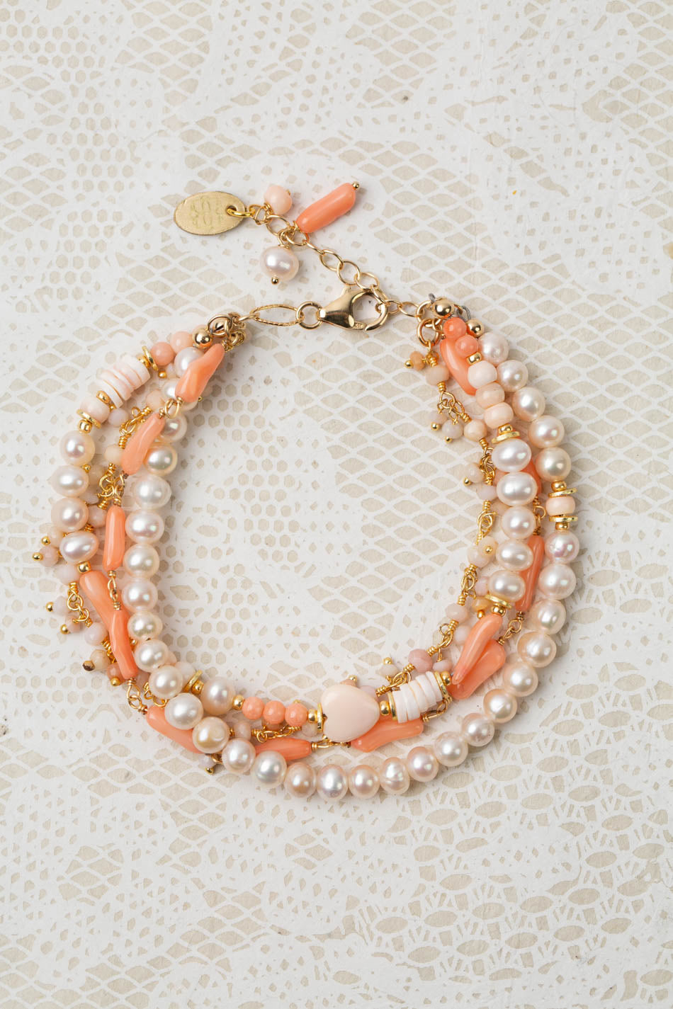 One Of A Kind 7.5-8.5" Pink Conch Shell, Freshwater Pearl, Shell Multistrand Bracelet