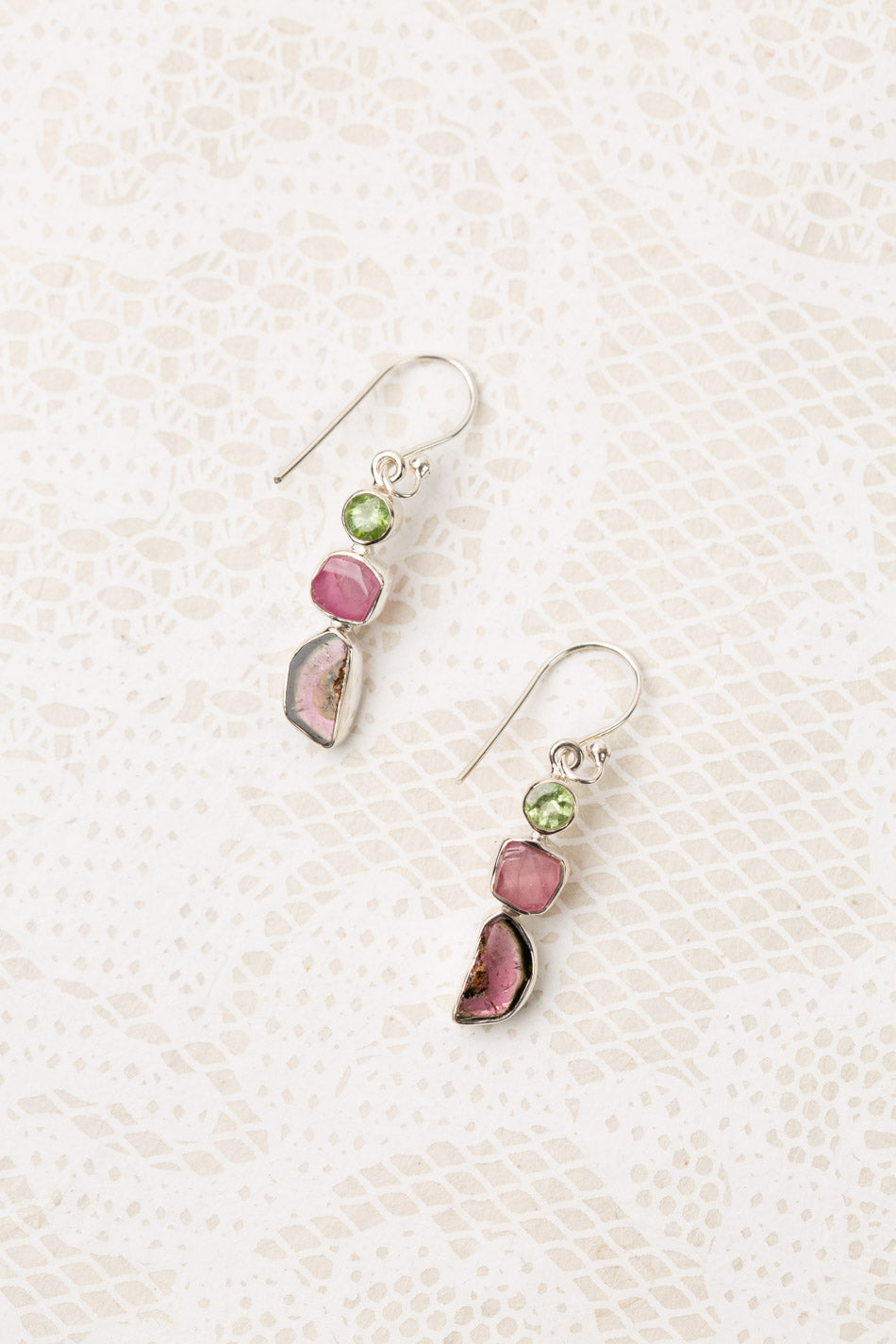 One Of A Kind Sterling Silver Pendants With Watermelon Tourmaline Slice, Natural Watermelon Tourmaline Statement Earrings