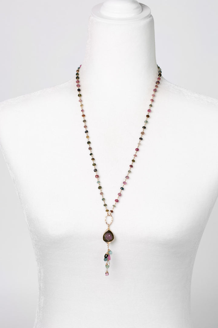 One Of A Kind 26-28" Watermelon Tourmaline Slice With Multicolored Faceted Tourmaline Briolettes Statement Necklace