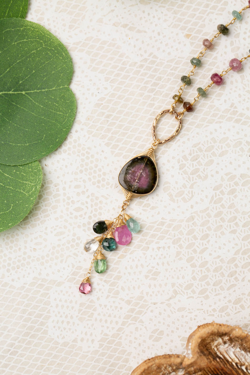 One Of A Kind 26-28" Watermelon Tourmaline Slice With Multicolored Faceted Tourmaline Briolettes Statement Necklace