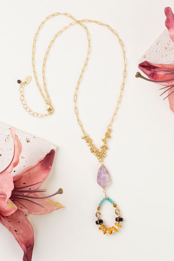 One of a Kind 24-26" Turquoise, Cat's Eye With Amethyst Statement Necklace