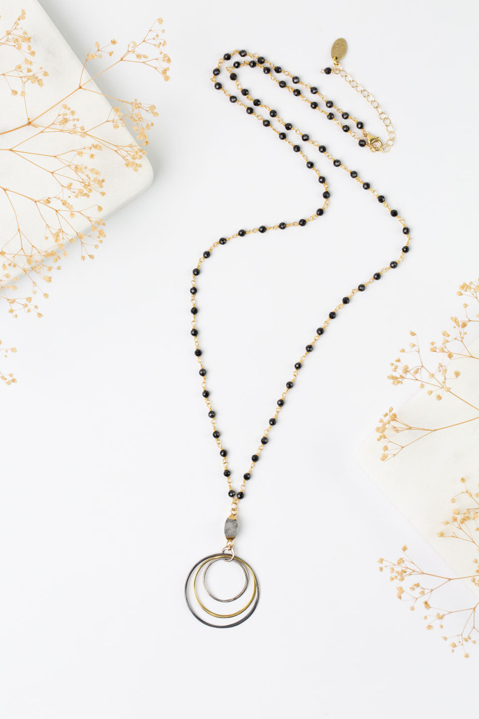 One of a Kind 25-27" Onyx, Rutilated Quartz With Vermiel Statement Necklace