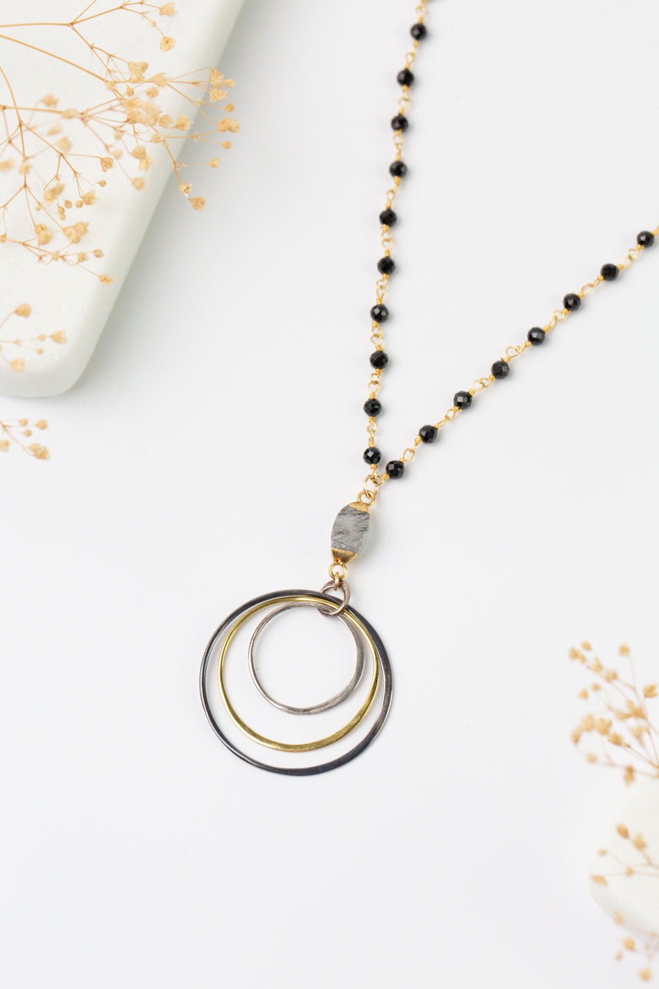 One of a Kind 25-27" Onyx, Rutilated Quartz With Vermiel Statement Necklace