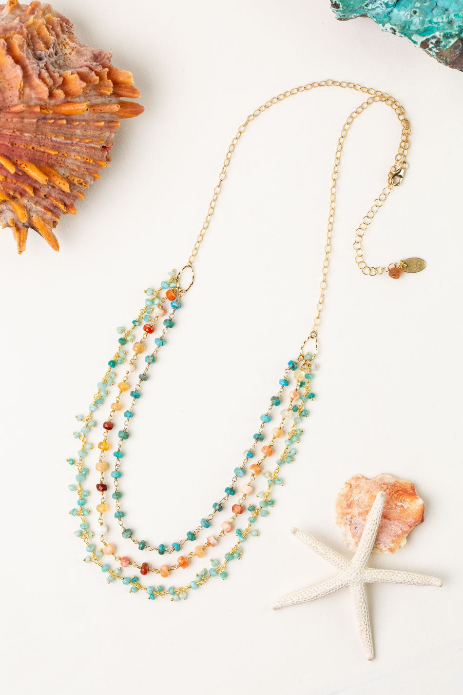 One Of A Kind 22-24" Fire Opal And Turquoise Multistrand Necklace