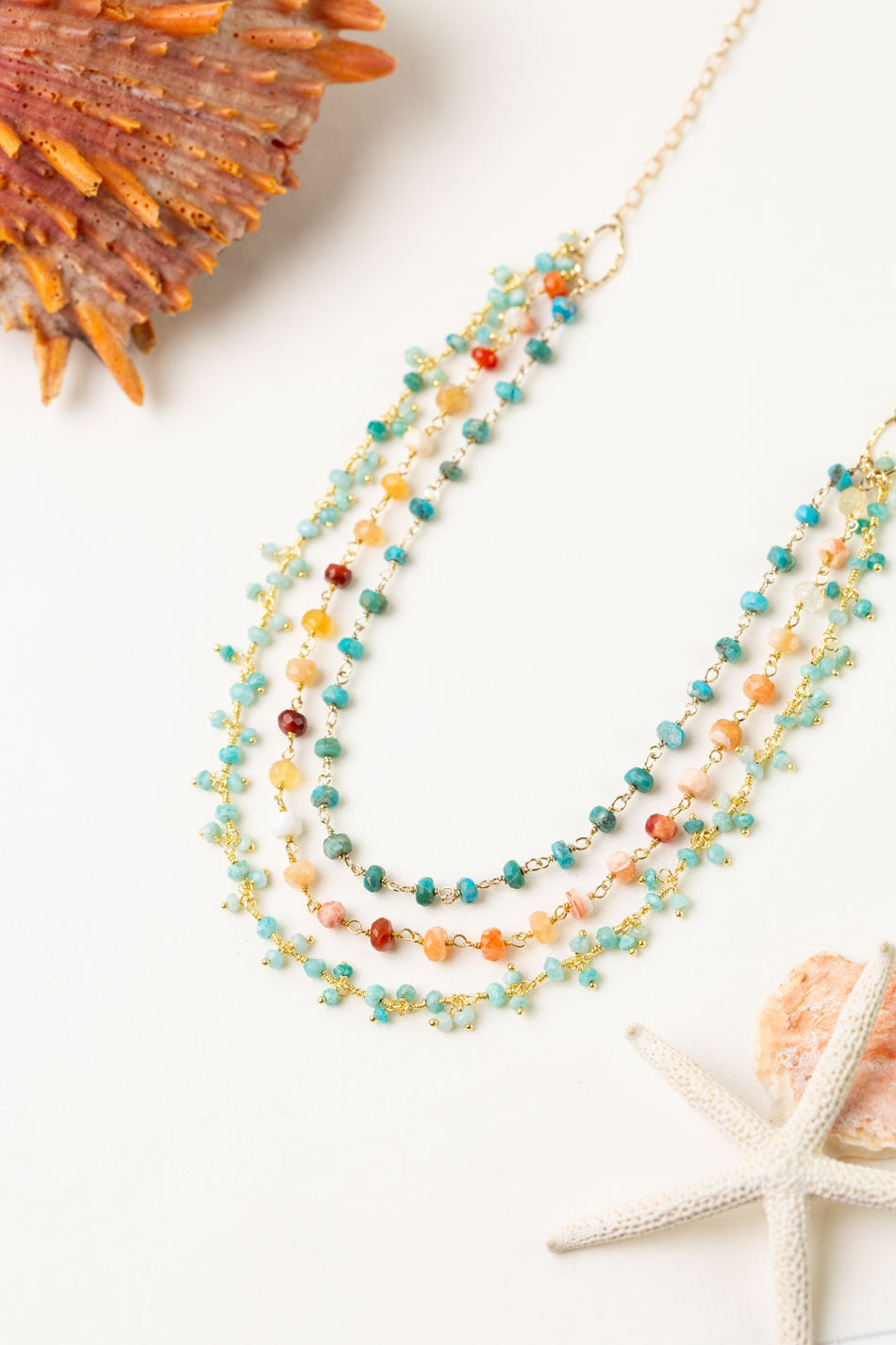 One Of A Kind 22-24" Fire Opal And Turquoise Multistrand Necklace