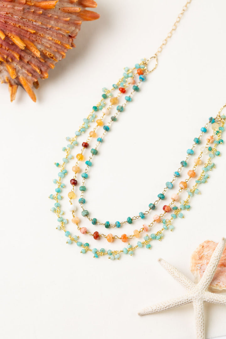 One Of A Kind 22-24" Fire Opal And Turquoise Multistrand Necklace
