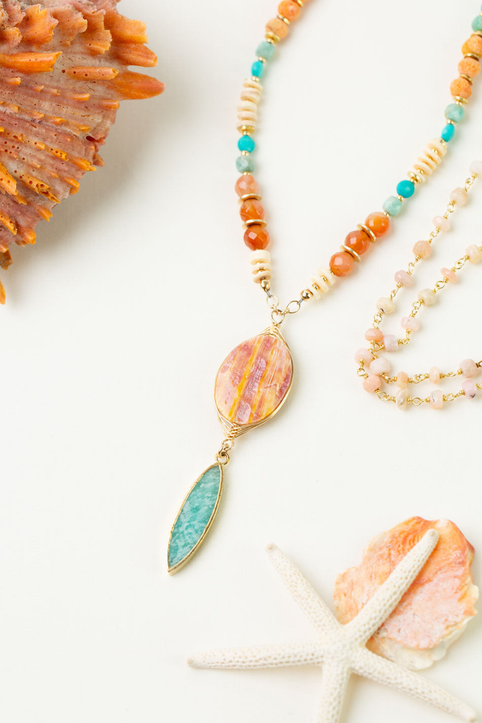 One Of A Kind 29-31" Spiny Oyster And Turquoise Statement Necklace