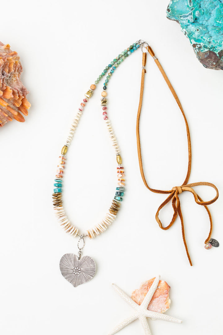 One Of A Kind Adjustable Spiny Oyster, Turquoise With Heart Pendant Statement Necklace