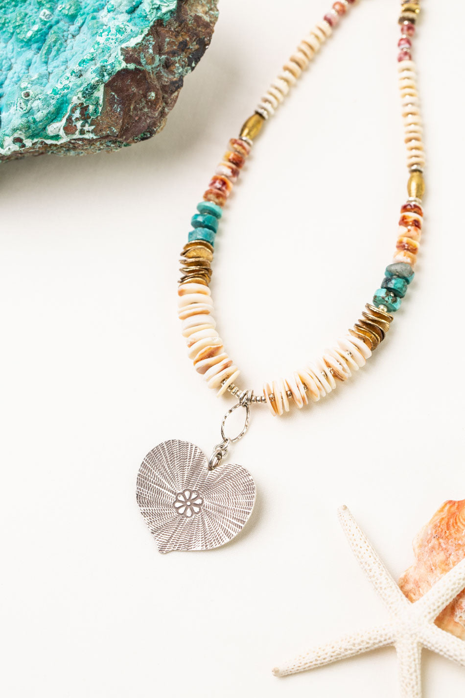 One Of A Kind Adjustable Spiny Oyster, Turquoise With Heart Pendant Statement Necklace