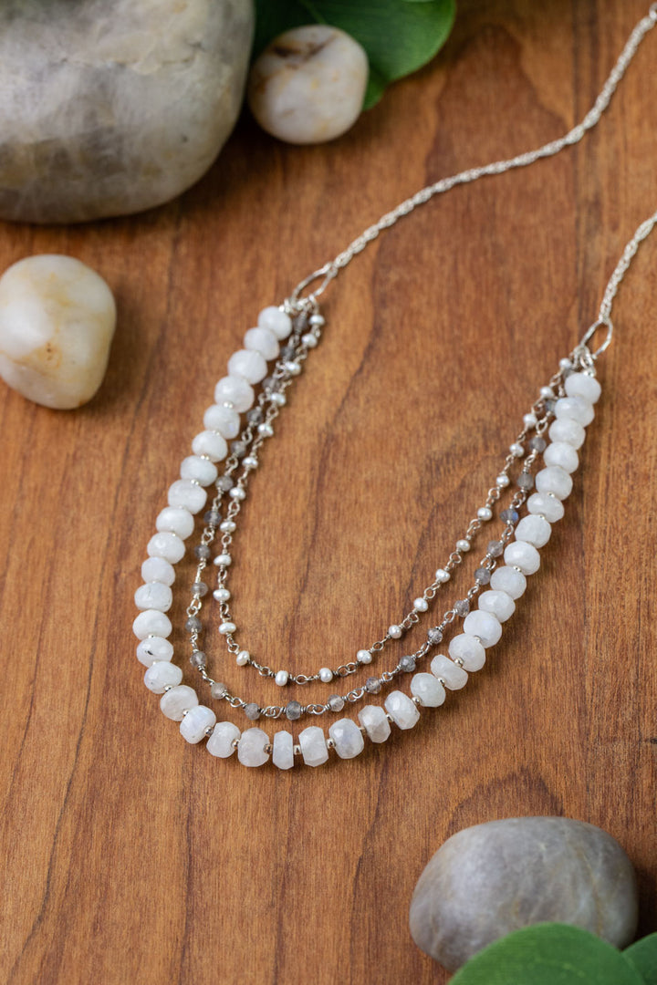 One Of A Kind 16.75-18.75" Labradorite, Rainbow Moonstone, Pearl Multistrand Necklace