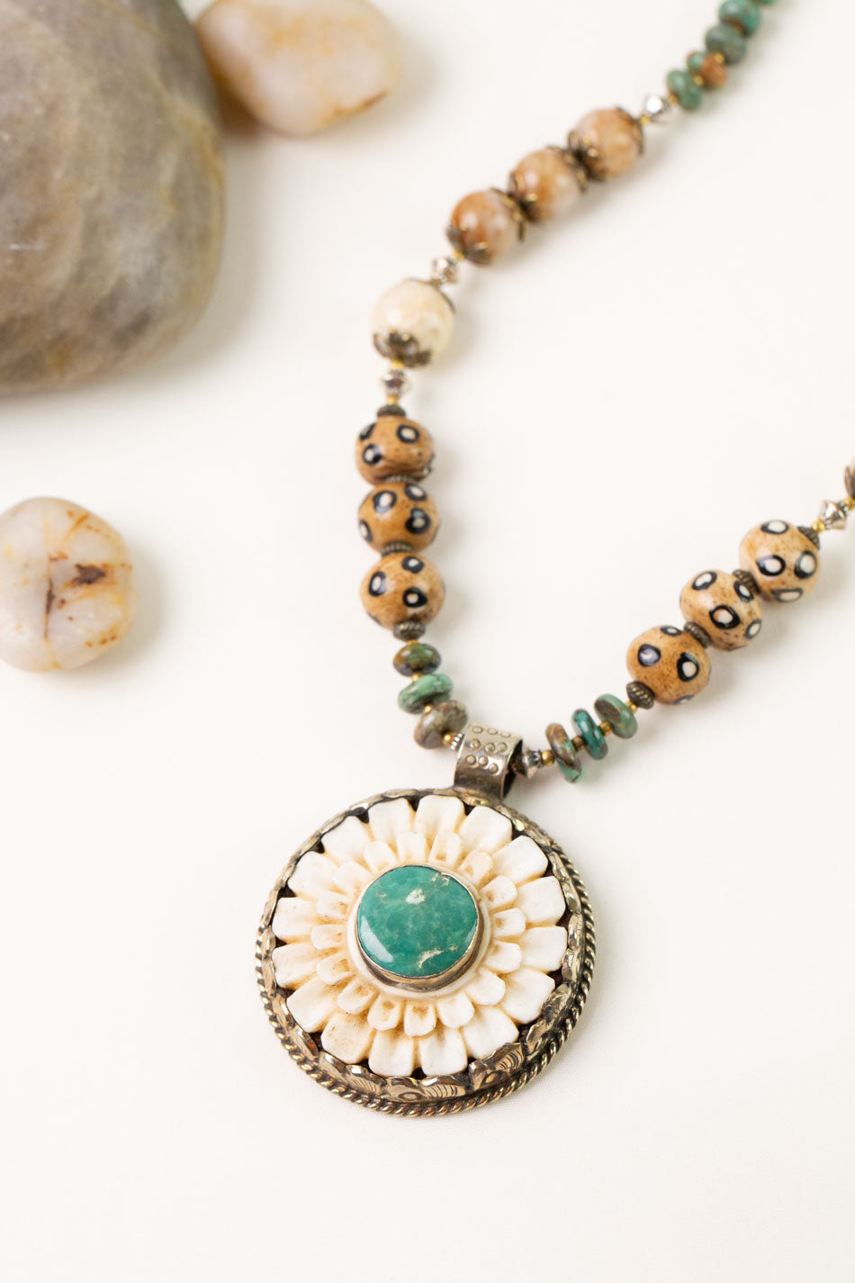 One Of A Kind 24.5-26.5" Jasper, African Opal With Tibetan Turquoise Pendant Statement Necklace