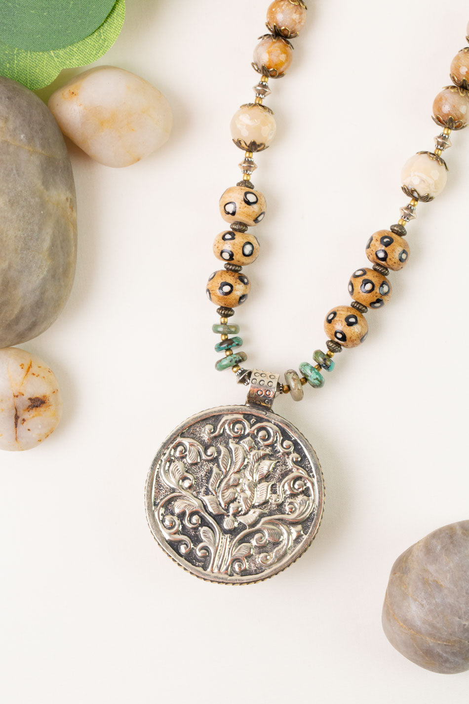 One Of A Kind 24.5-26.5" Jasper, African Opal With Tibetan Turquoise Pendant Statement Necklace