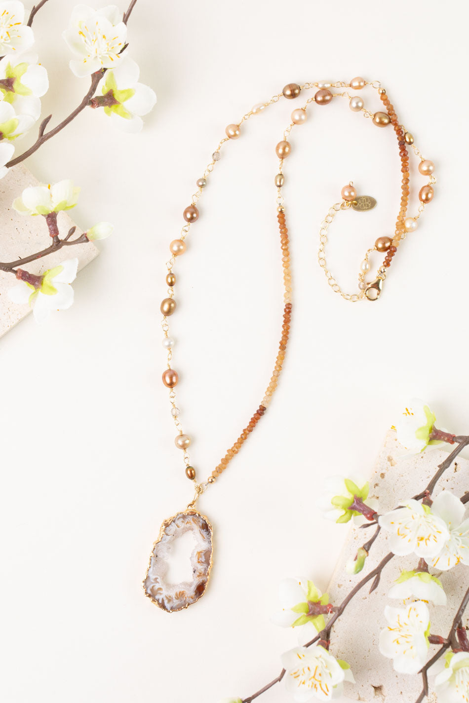 One Of A Kind 24-26" Hessonite Garnet, Pearl With Druzy Agate Statement Necklace