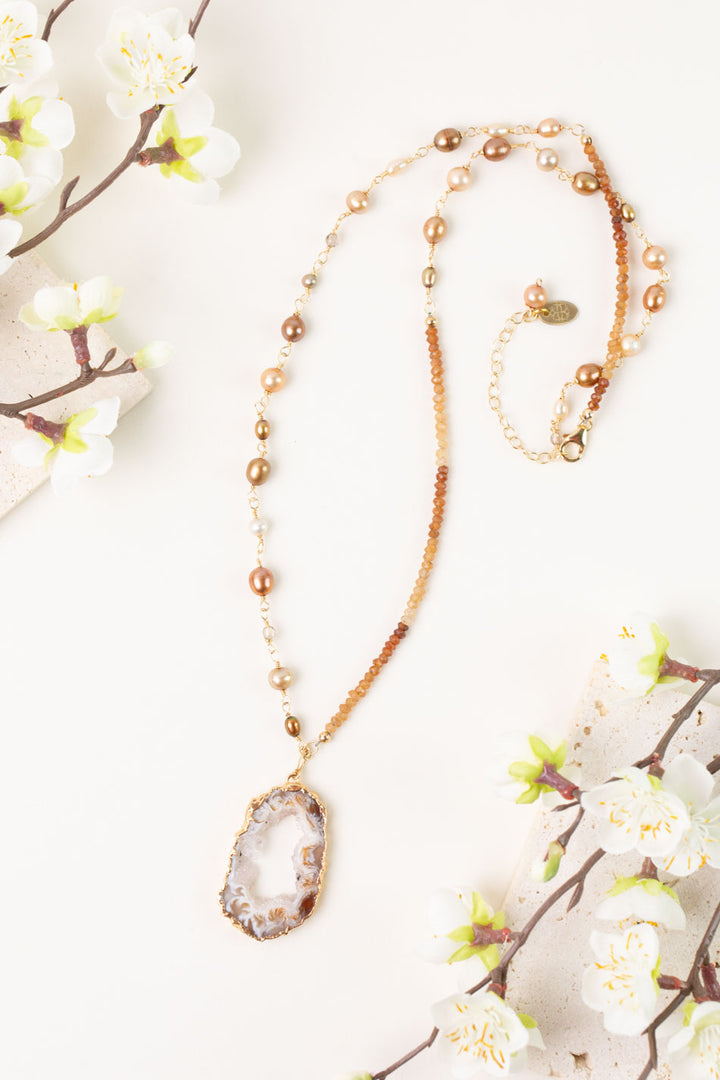 One Of A Kind 24-26" Hessonite Garnet, Pearl With Druzy Agate Statement Necklace