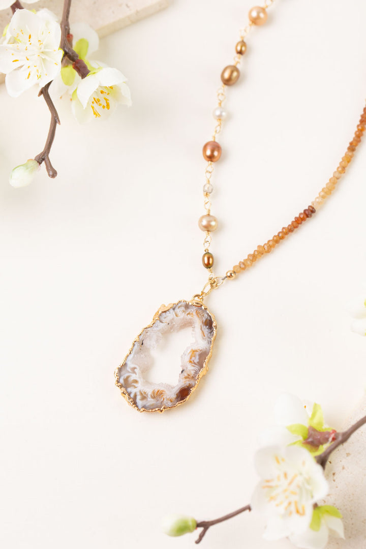 One Of A Kind 24-26" Hessonite Garnet, Pearl With Druzy Agate Statement Necklace