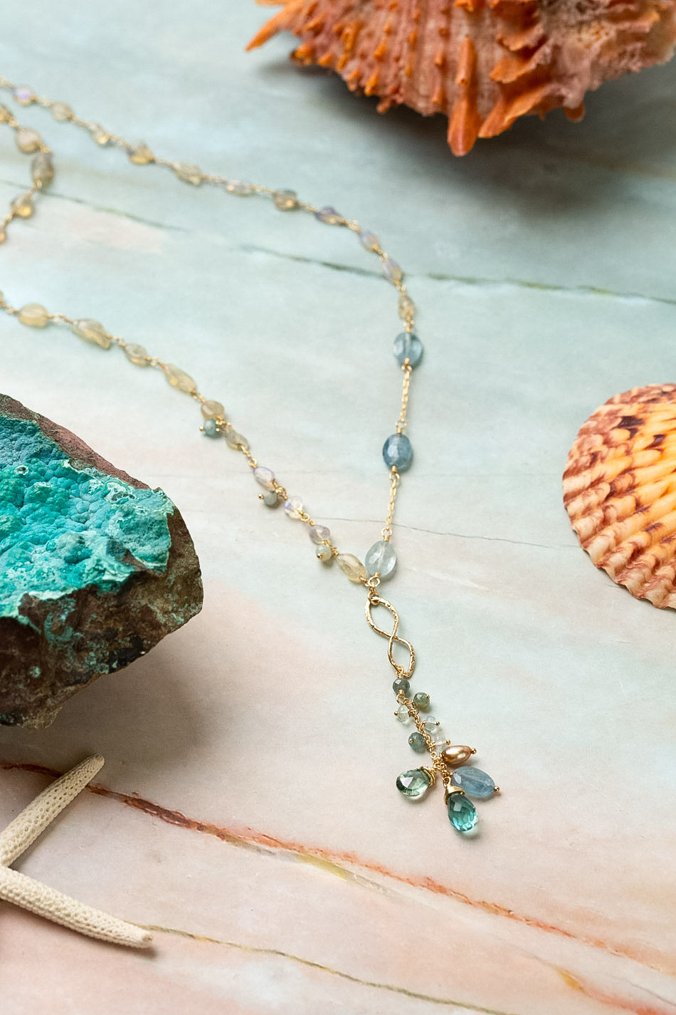 Ocean Waves 19.5-21.5" Opal, Gemstone Chain, Kyanite, Blue Quartz Cluster Necklace